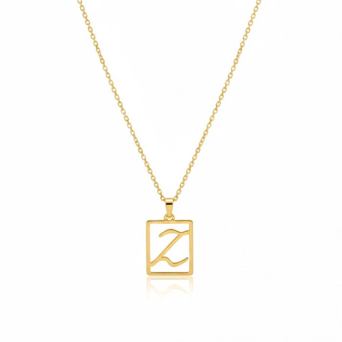 Çerçeveli Harf Gümüş Kolye - Altın