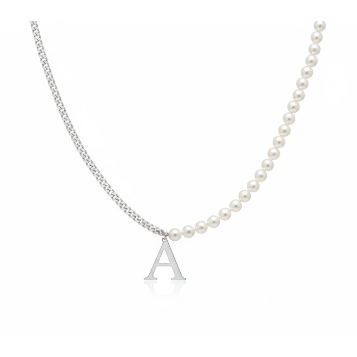 İnci Harf Gümüş Kolye - Gümüş
