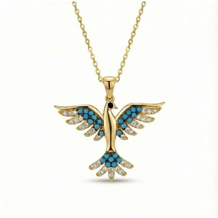 Zümrüdü Anka Kuşu Mavi Taşlı Gümüş Kolye - Altın