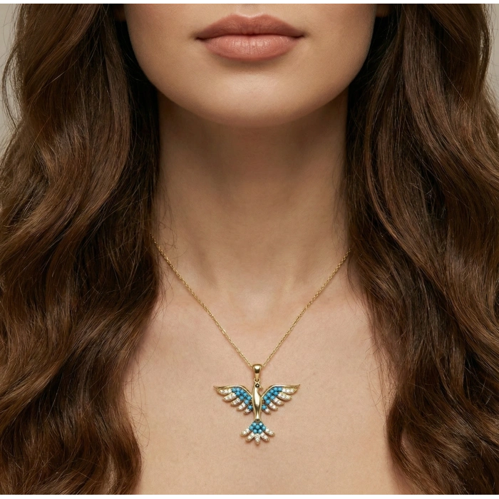 Zümrüdü Anka Kuşu Mavi Taşlı Gümüş Kolye - Altın