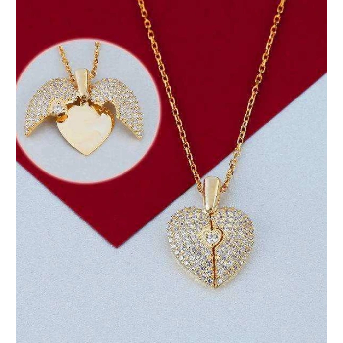 Açılan Kalp Taşlı Gümüş  Kolye - Altın