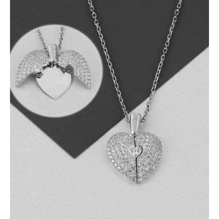 Açılan Kalp Taşlı Gümüş  Kolye - Gümüş