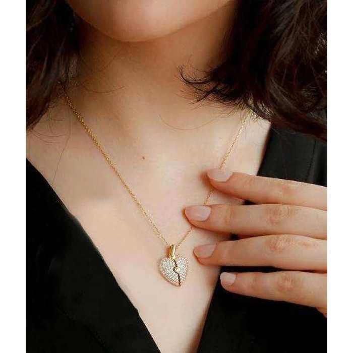 Açılan Kalp Taşlı Gümüş  Kolye - Gümüş