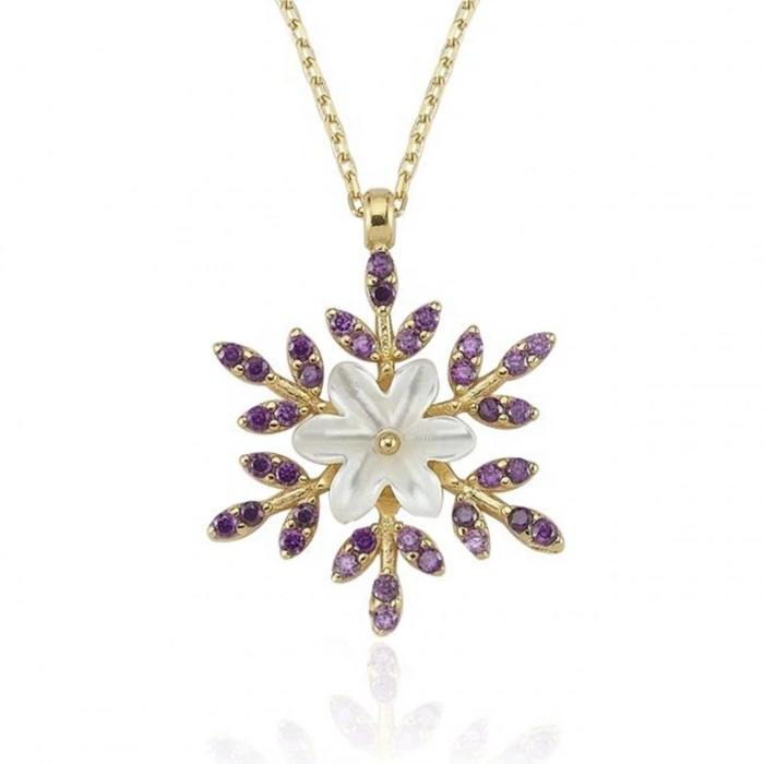 Ametist Taşlı Kar Çiçeği Flowers Gümüş Kolye - Altın