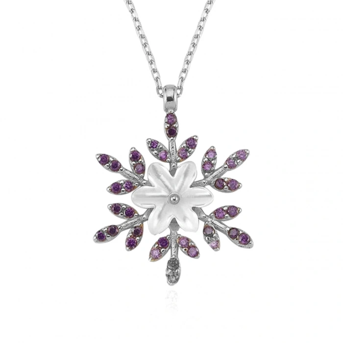 Ametist Taşlı Kar Çiçeği Flowers Gümüş Kolye - Gümüş