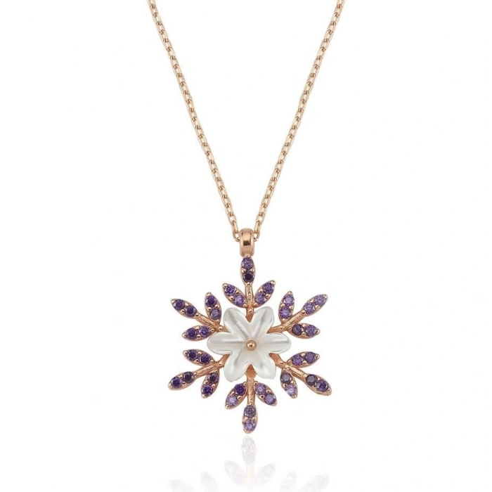 Ametist Taşlı Kar Çiçeği Flowers Gümüş Kolye - Gümüş