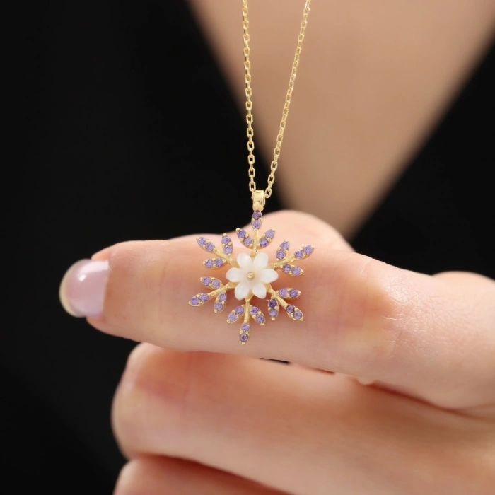 Ametist Taşlı Kar Çiçeği Flowers Gümüş Kolye - Rose