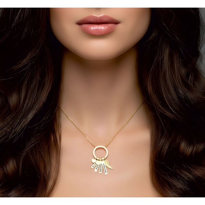 Çember Halkalı Gümüş Aile Kolyesi Melek Kalp - Rose