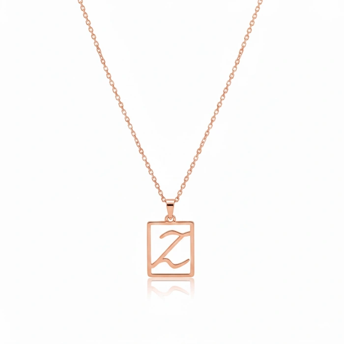 Çerçeveli Harf Gümüş Kolye - Rose