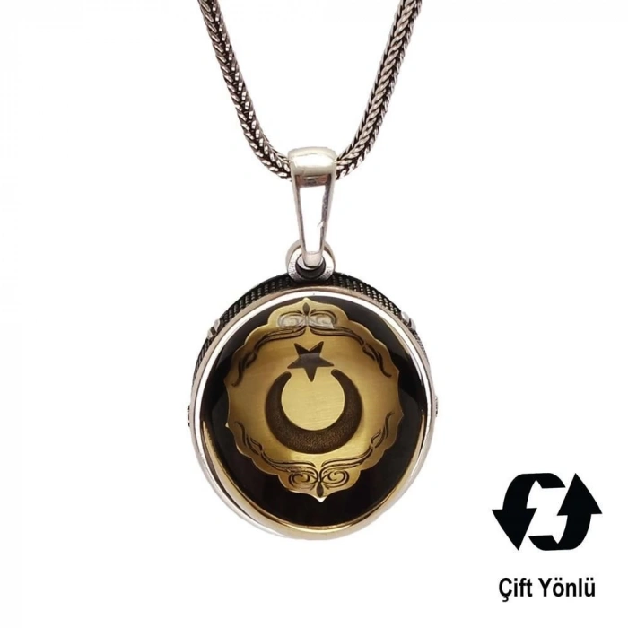 Çift Taraflı Ayyıldız Ve Tuğra Figürlü Gümüş Kehribar Kolye