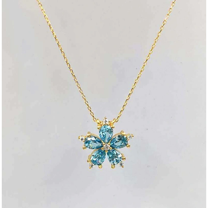 Damla Mavi Taşlı Gümüş Çiçek Kolye - Altın