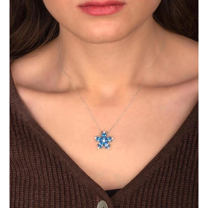 Damla Mavi Taşlı Gümüş Çiçek Kolye - Altın