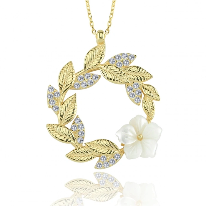 Gelin Buketi Manolya Çiçeği Flowers Gümüş Kolye - Altın