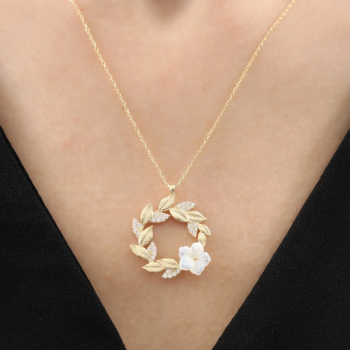 Gelin Buketi Manolya Çiçeği Flowers Gümüş Kolye - Rose