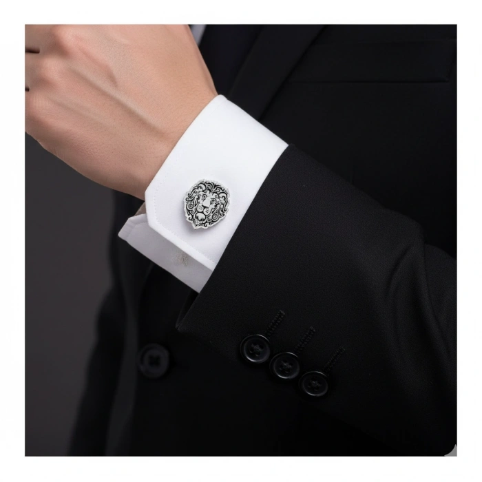 İhtişamlı Aslan Gümüş Kol Düğmeleri