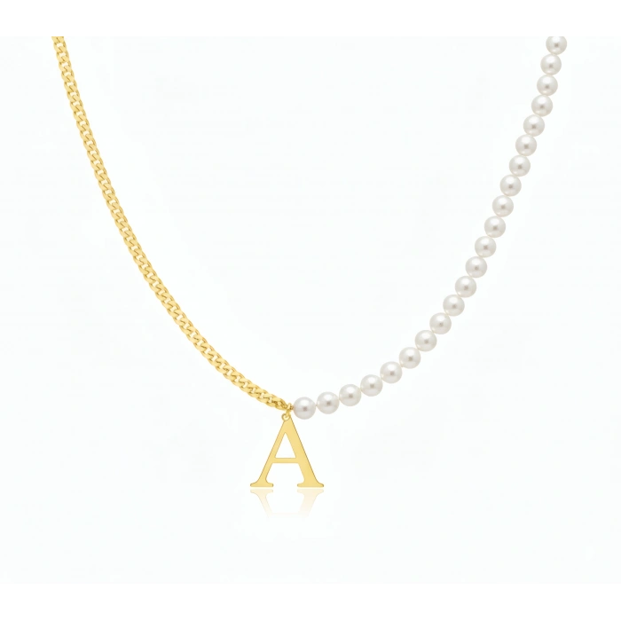 İnci Harf Gümüş Kolye - Altın