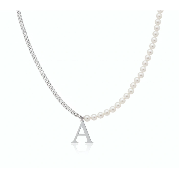 İnci Harf Gümüş Kolye - Gümüş