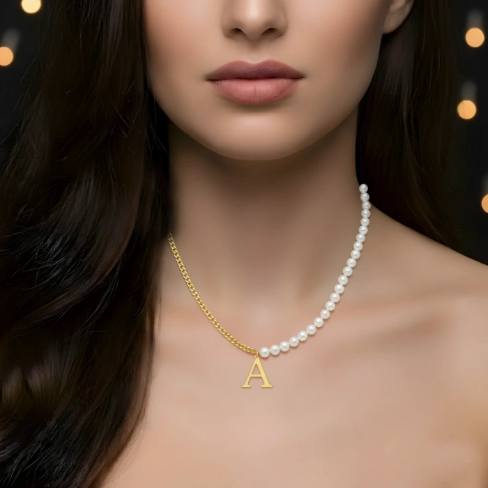 İnci Harf Gümüş Kolye - Rose