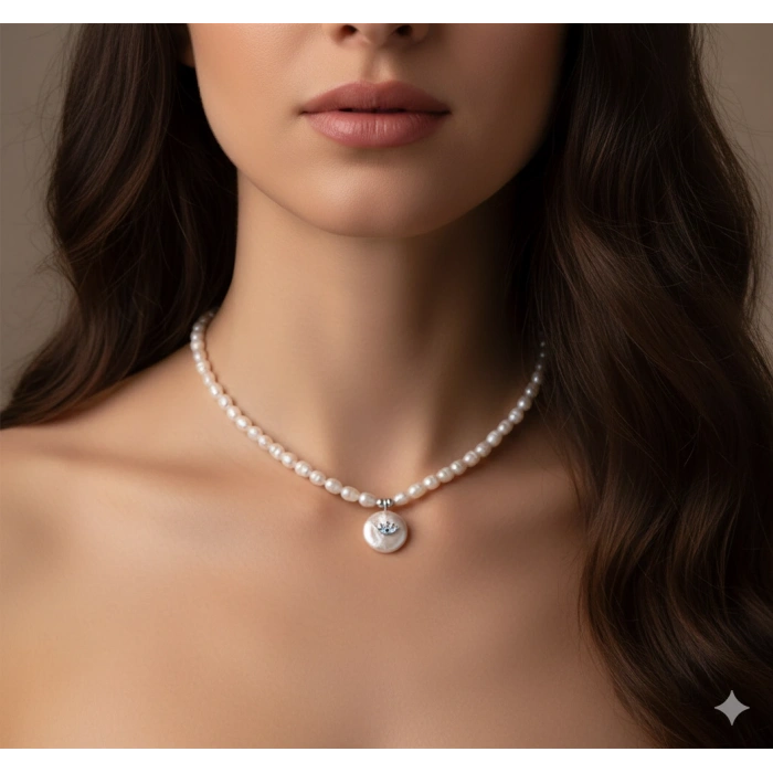 İncili Göz Gümüş Kolye - Altın