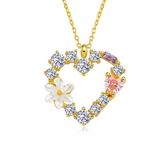 Işıltılı Kalp Tutkusu Manolya Çiçeği Flowers Gümüş Kolye - Gümüş