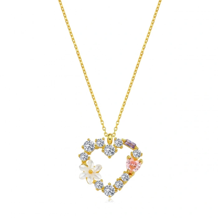 Işıltılı Kalp Tutkusu Manolya Çiçeği Flowers Gümüş Kolye - Altın