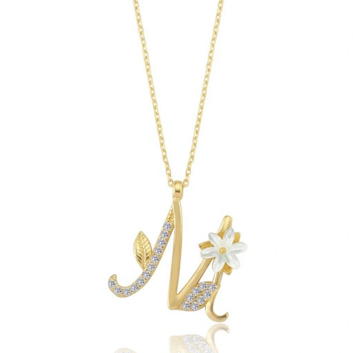 Işıltılı Manolya Çiçeği M Harfi Gümüş Harfli Kolye - Altın