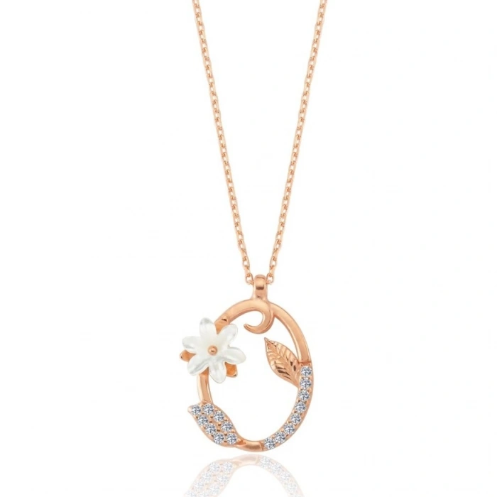 Işıltılı Manolya Çiçeği O Harfi Gümüş Harfli Kolye - Rose