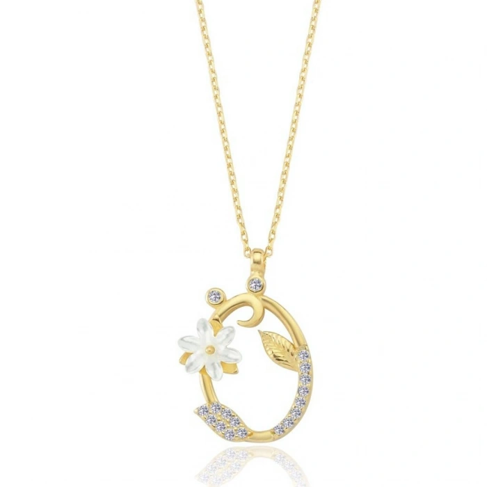 Işıltılı Manolya Çiçeği Ö Harfi Gümüş Harfli Kolye - Altın