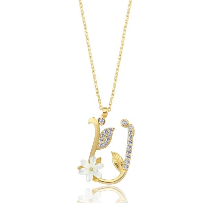 Işıltılı Manolya Çiçeği Ü Harfi Gümüş Harfli Kolye - Altın