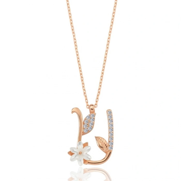 Işıltılı Manolya Çiçeği U Harfi Gümüş Harfli Kolye - Rose