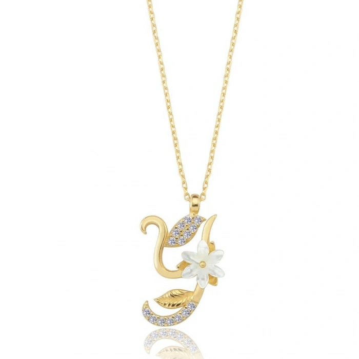 Işıltılı Manolya Çiçeği Y Harfi Gümüş Harfli Kolye - Altın