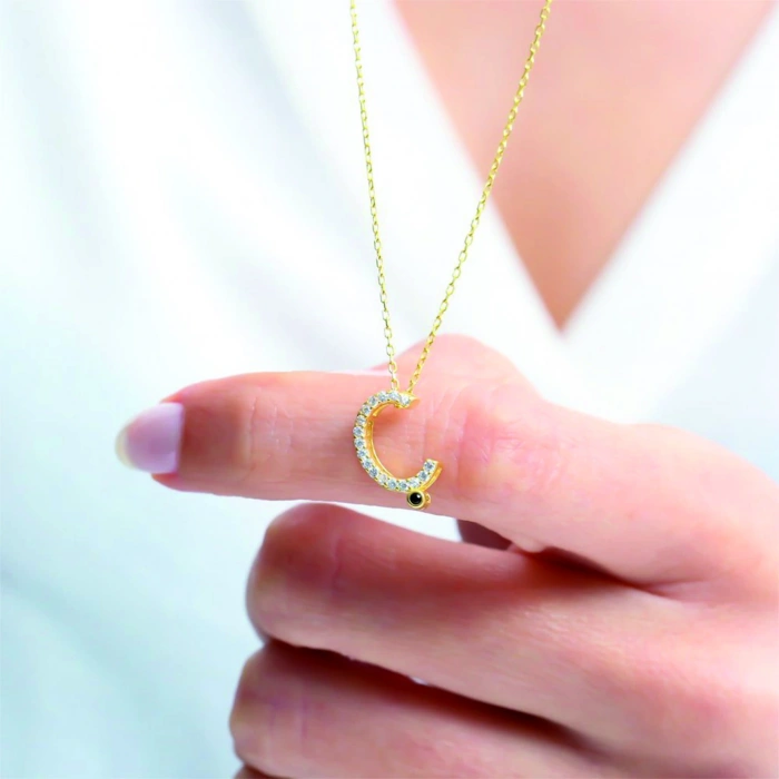 Işıltılı Prizma Ç Harfi Gümüş Kolye - Rose