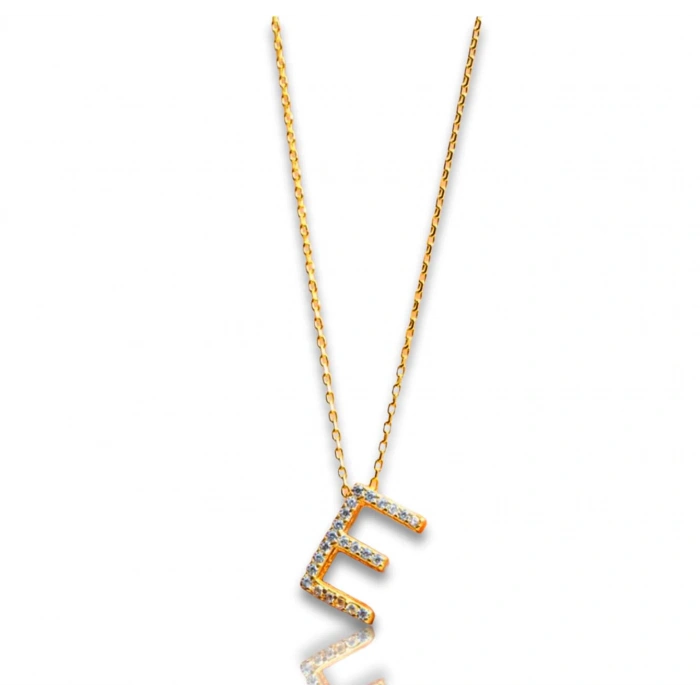 Işıltılı Prizma E Harfi Gümüş Kolye - Altın