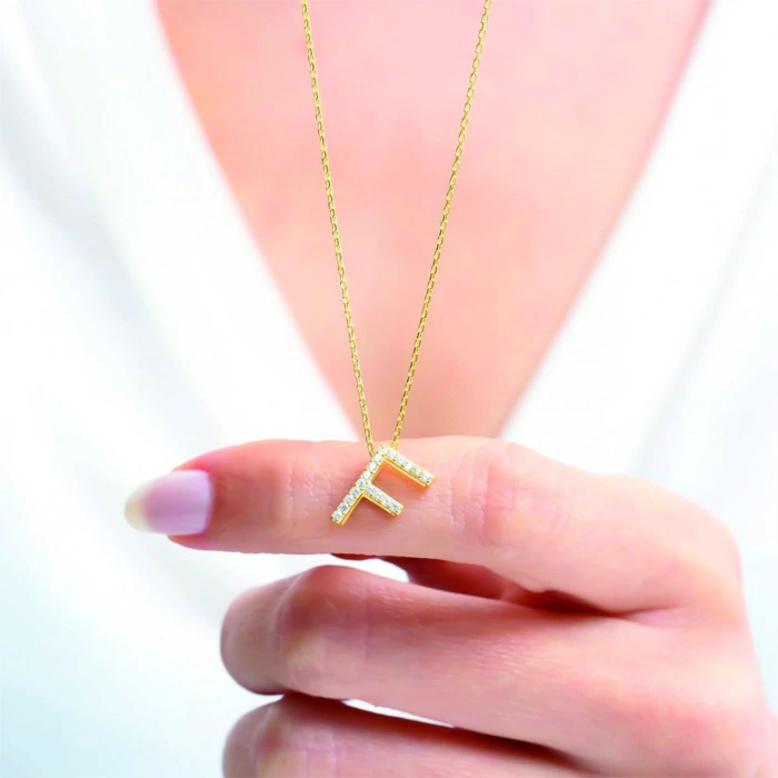 Işıltılı Prizma F Harfi Gümüş Kolye - Gümüş