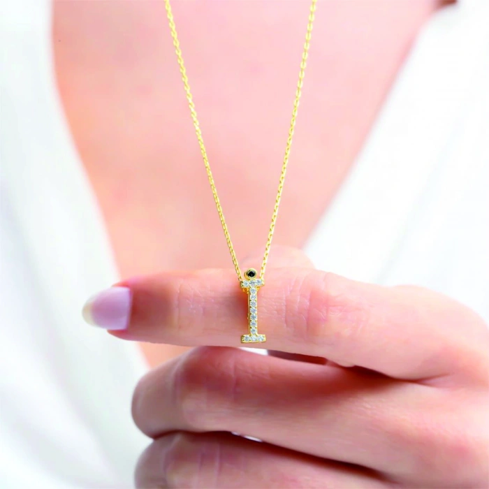 Işıltılı Prizma İ Harfi Gümüş Kolye - Gümüş