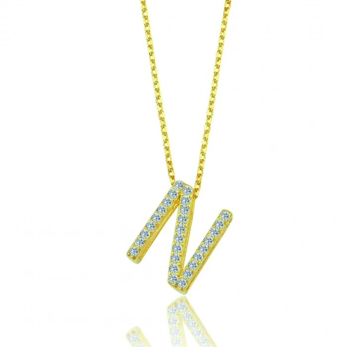 Işıltılı Prizma N Harfi Gümüş Kolye - Altın