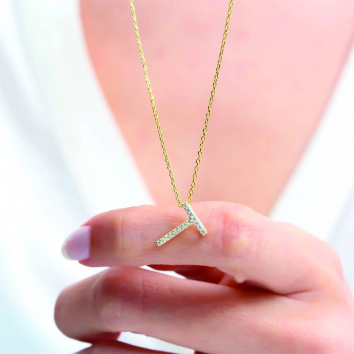 Işıltılı Prizma T Harfi Gümüş Kolye - Gümüş