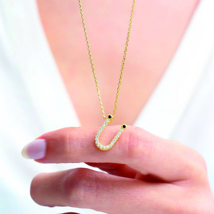 Işıltılı Prizma U Harfi Gümüş Kolye - Gümüş