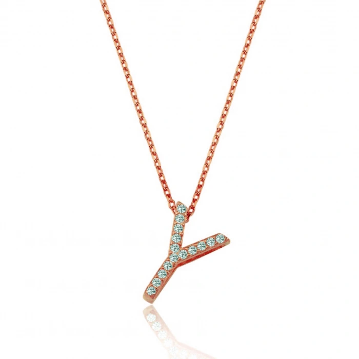 Işıltılı Prizma Y Harfi Gümüş Kolye - Rose