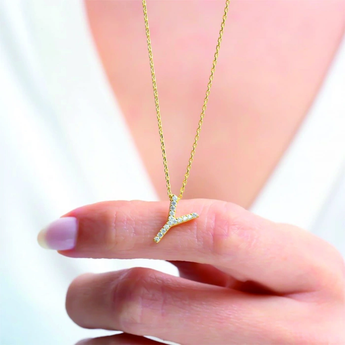 Işıltılı Prizma Y Harfi Gümüş Kolye - Gümüş