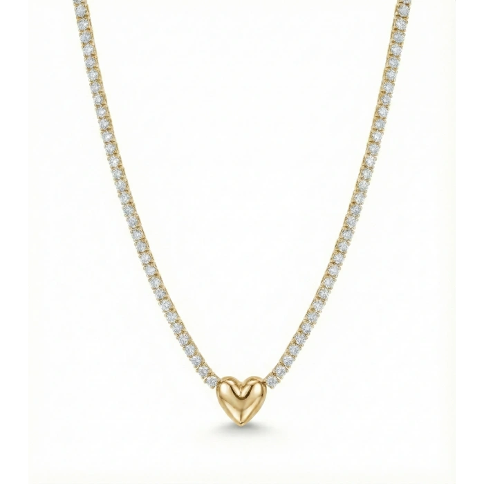 Kalp Suyolu Taşlı Gümüş Kolye - Altın