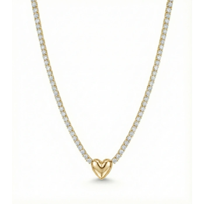 Kalp Suyolu Taşlı Gümüş Kolye - Altın