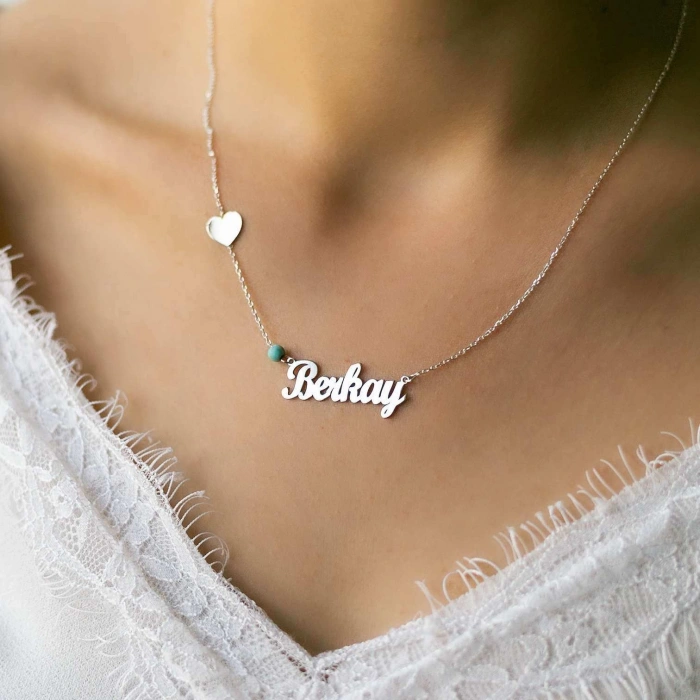 Kalpli İsim Gümüş Kolye - Altın