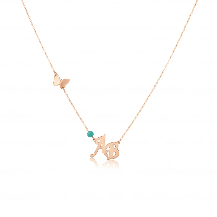 Kelebekli Çapraz Harf Kolye-Rose