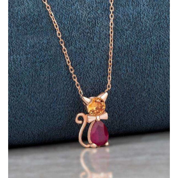 Kırmızı Damla Taşlı Trend Gümüş Kedi Kolye - Rose