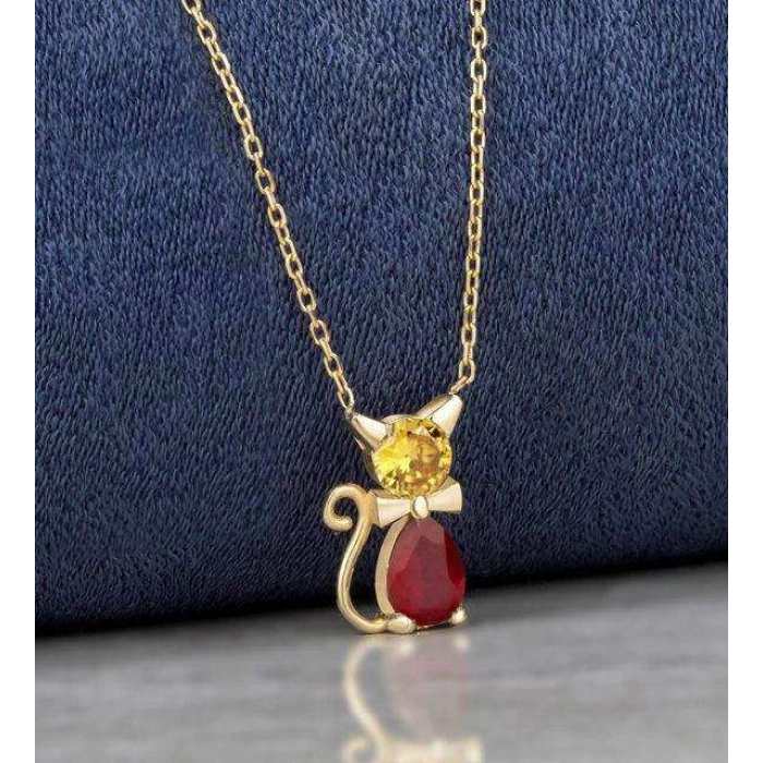 Kırmızı Damla Taşlı Trend Gümüş Kedi Kolye - Rose