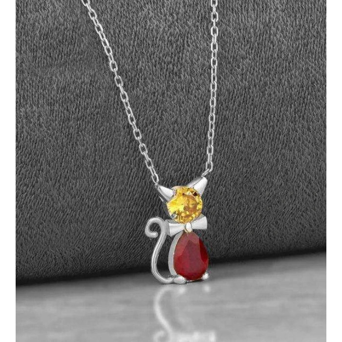 Kırmızı Damla Taşlı Trend Gümüş Kedi Kolye - Rose