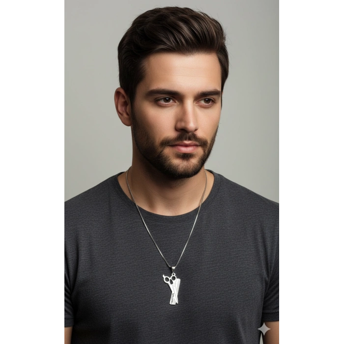 Kuaför Tarak Makas Gümüş Kolye