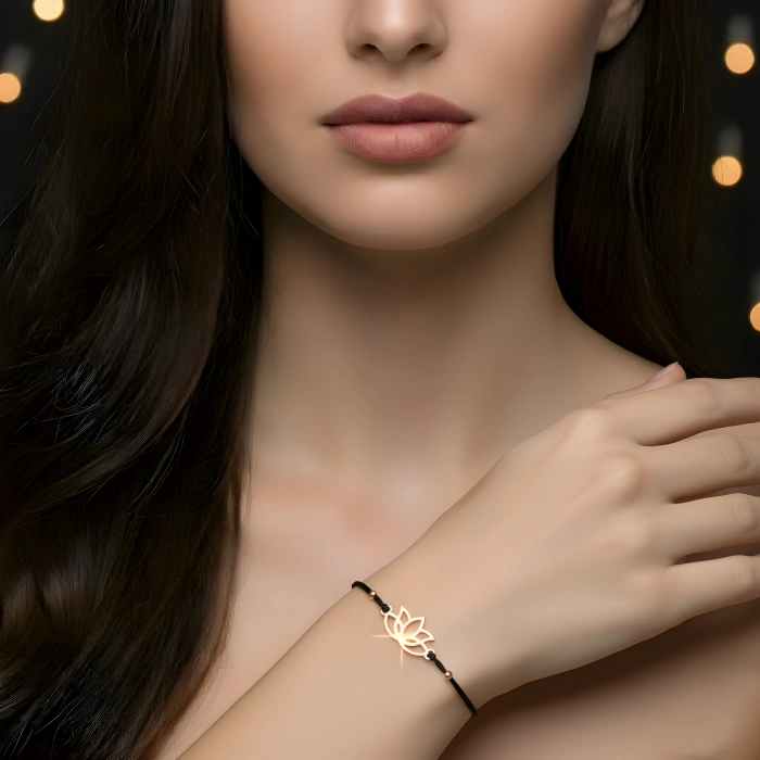 Lotus Çiçeği İpli Gümüş Bileklik - Altın