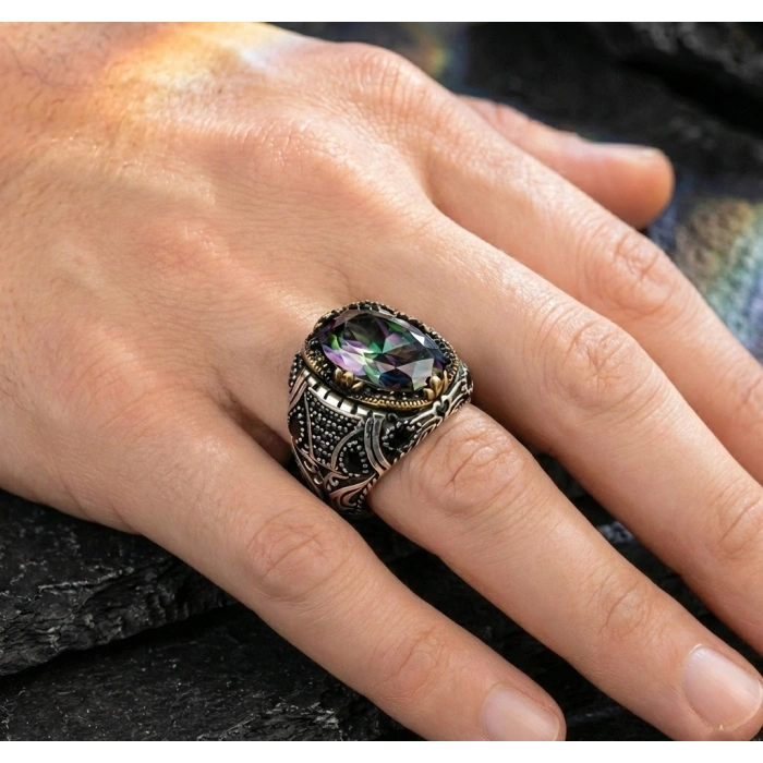 Mistik Topaz Taşlı Damla Taş İşlemeli Gümüş Erkek Yüzük